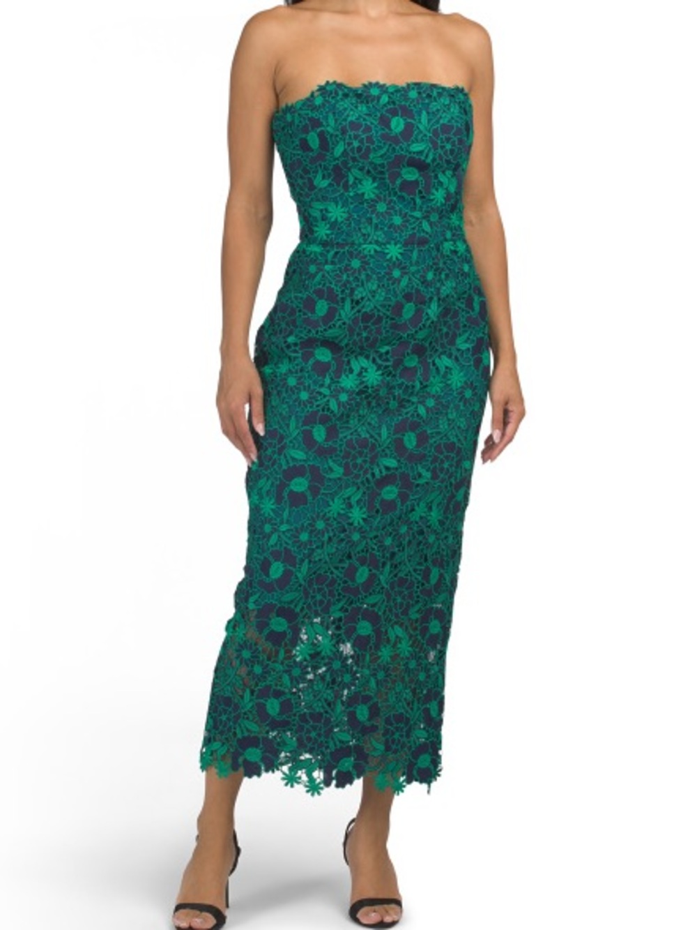 Strapless Embroidered Lace Tea-Length Dress, size 6 (Navy & Emerald)